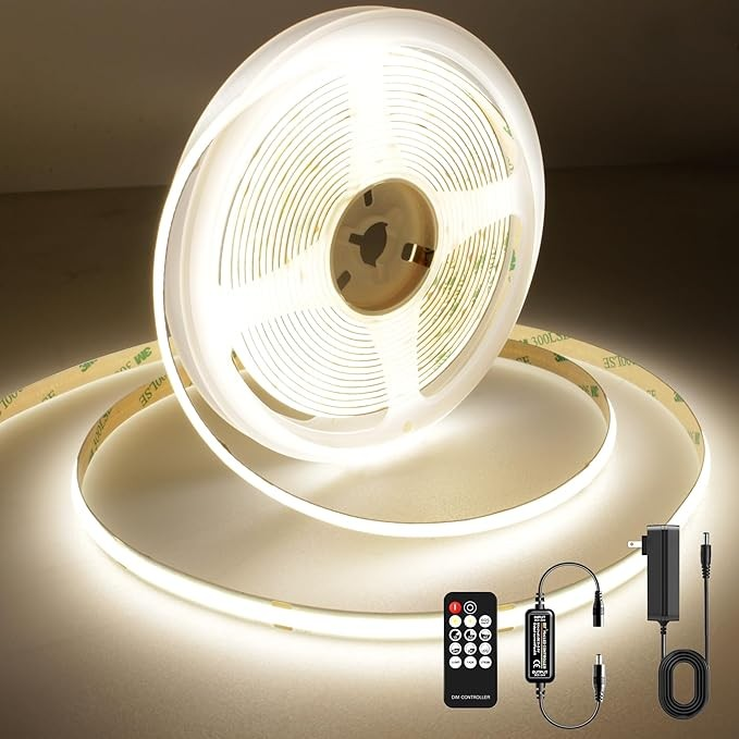 White COB LED Strip Light, Dimmable 16.4ft/5m LED Light, 6000K Daylight White 2400 LEDs High Lumen LED Tape Lights CRI 90+ with RF Remote and UL Power for Bedroom,Kitchen,DIY Home Decoration