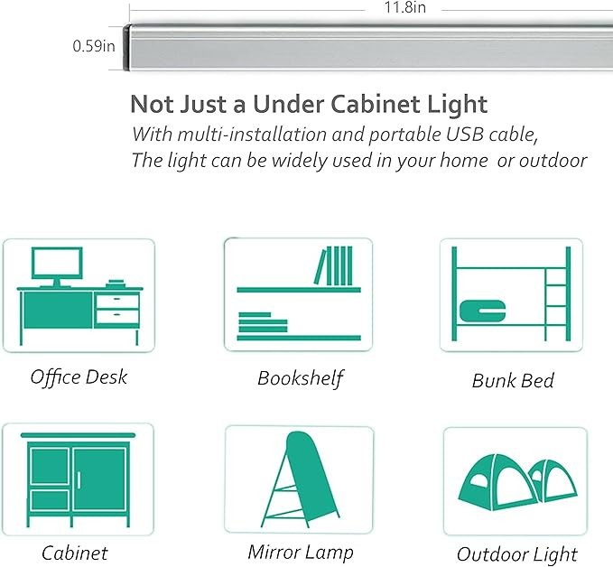 ASOKO Under Cabinet Led Lighting, 12 Inch Light Strip Bar, Daylight White 5000K Dimmable Plug in USB Light, Small Thin Led Under Counter Lighting for Kitchen/Room/Shelf/Desk/Display Case