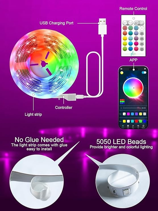 GIPOYENT LED Lights for TV, 16.4FT TV LED Backlight, for 45-75 Inch TV, Music Sync TV LED Light with Bluetooth Function - RGB Color Changing Light Strip for Bedroom (16.4ft)