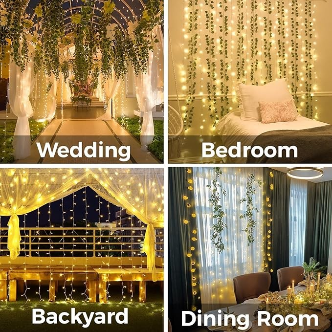 suddus Curtain Lights for Bedroom, 200 Led Hanging String Lights Outdoor, Fairy Curtain Light Indoor for Christmas, Dorm, Wall, Backdrop, Window, Wedding, Party, Brithday Decor, Warm White