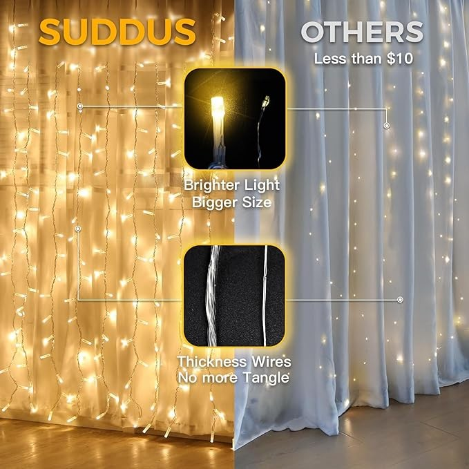 suddus Curtain Lights for Bedroom, 200 Led Hanging String Lights Outdoor, Fairy Curtain Light Indoor for Christmas, Dorm, Wall, Backdrop, Window, Wedding, Party, Brithday Decor, Warm White
