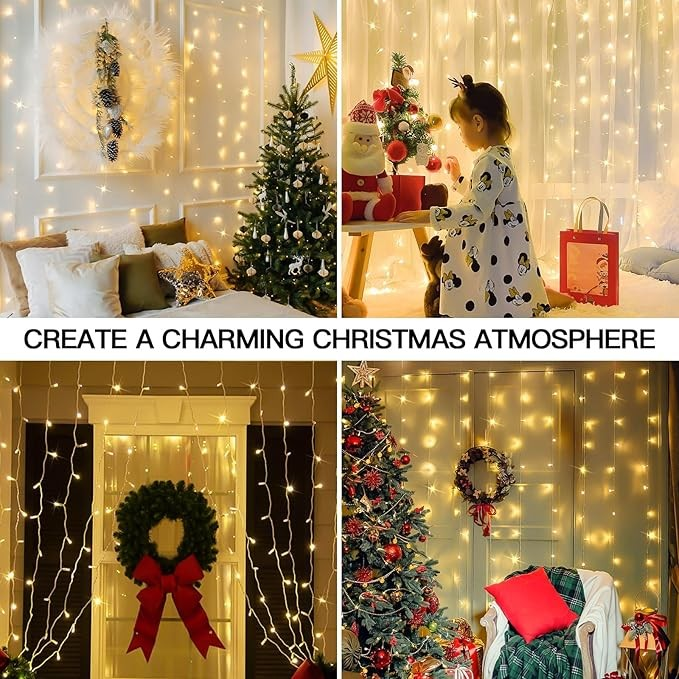 suddus Curtain Lights for Bedroom, 200 Led Hanging String Lights Outdoor, Fairy Curtain Light Indoor for Christmas, Dorm, Wall, Backdrop, Window, Wedding, Party, Brithday Decor, Warm White