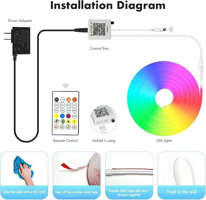 Neon Rope Lights, 19.68FT RGB Led Strip Lights, Waterproof IP67, DIY Design, Music Sync, 24 Keys Remote Control, Multiple Modes, for Living Room, Bedroom, Holiday Decoration