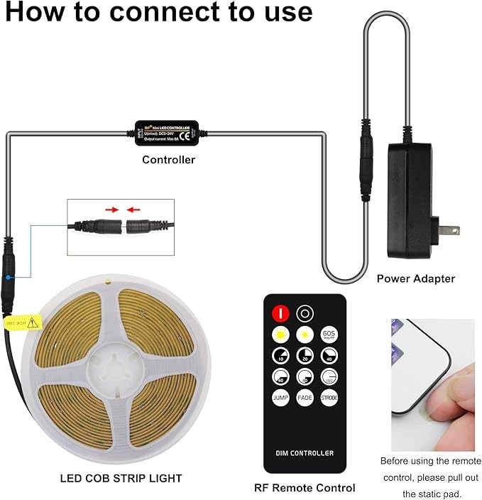 White COB LED Strip Light, Dimmable 16.4ft/5m LED Light, 6000K Daylight White 2400 LEDs High Lumen LED Tape Lights CRI 90+ with RF Remote and UL Power for Bedroom,Kitchen,DIY Home Decoration