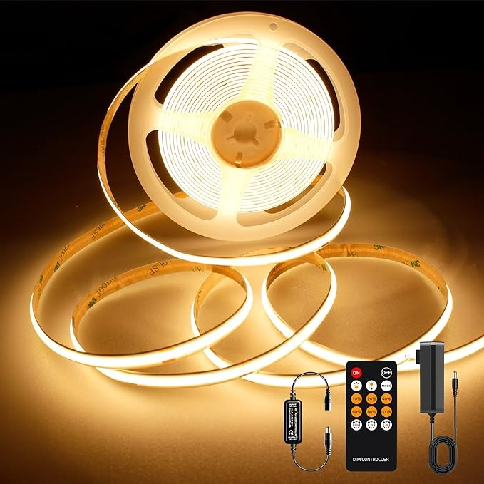 White COB LED Strip Light, Dimmable 16.4ft/5m LED Light, 6000K Daylight White 2400 LEDs High Lumen LED Tape Lights CRI 90+ with RF Remote and UL Power for Bedroom,Kitchen,DIY Home Decoration