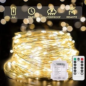 suddus 66ft 200 LED Outdoor String Lights, Warm White Christmas Fairy Lights Battery Operated with Remote, Led Twinkle Lights for Bedroom, Dorm, Patio, Tapestry, Backyard, Garden, Xmas, Party, Indoor