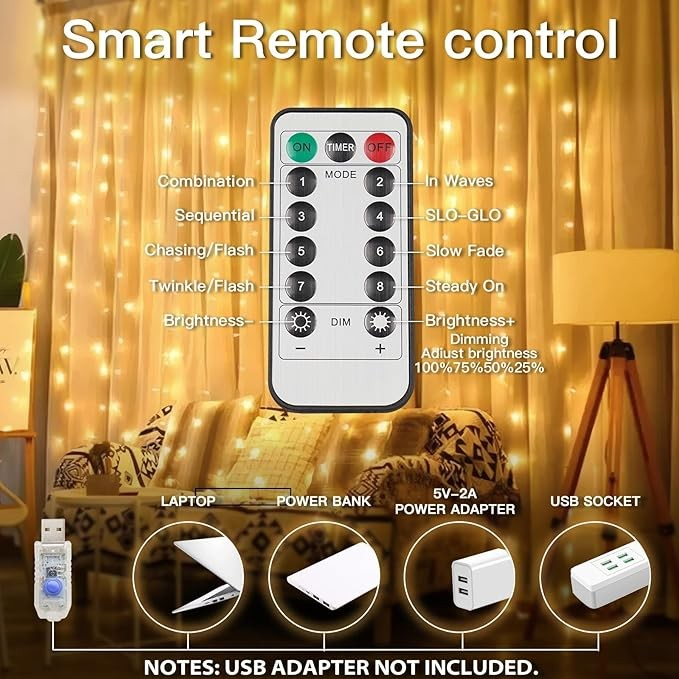 suddus Curtain Lights for Bedroom, 200 Led Hanging String Lights Outdoor, Fairy Curtain Light Indoor for Christmas, Dorm, Wall, Backdrop, Window, Wedding, Party, Brithday Decor, Warm White