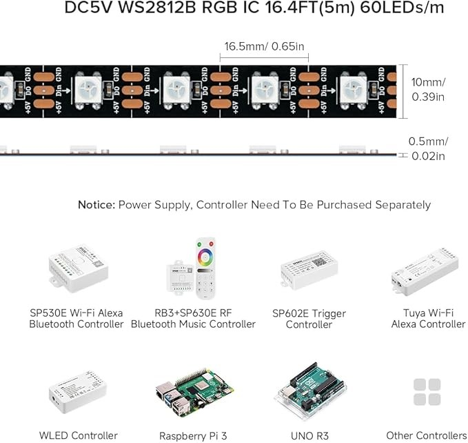 LIGHTING WS2812B IC RGB 5050SMD Pure Gold Individual Addressable LED Strip 16.4FT 300LED 60Pixel/m Flexible Full Color IP30 DC5V for DIY Chasing Color Project(No Adapter or Controller)