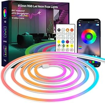 Neon Rope Lights, 19.68FT RGB Led Strip Lights, Waterproof IP67, DIY Design, Music Sync, 24 Keys Remote Control, Multiple Modes, for Living Room, Bedroom, Holiday Decoration