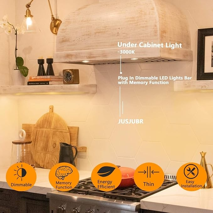 Under Cabinet Lighting, 12Inch LED Sink Light with Memory Function, Warm White 3000K Dimmable USB Under Desk Light, Slim LED Light Bar for Room (Without Plug)